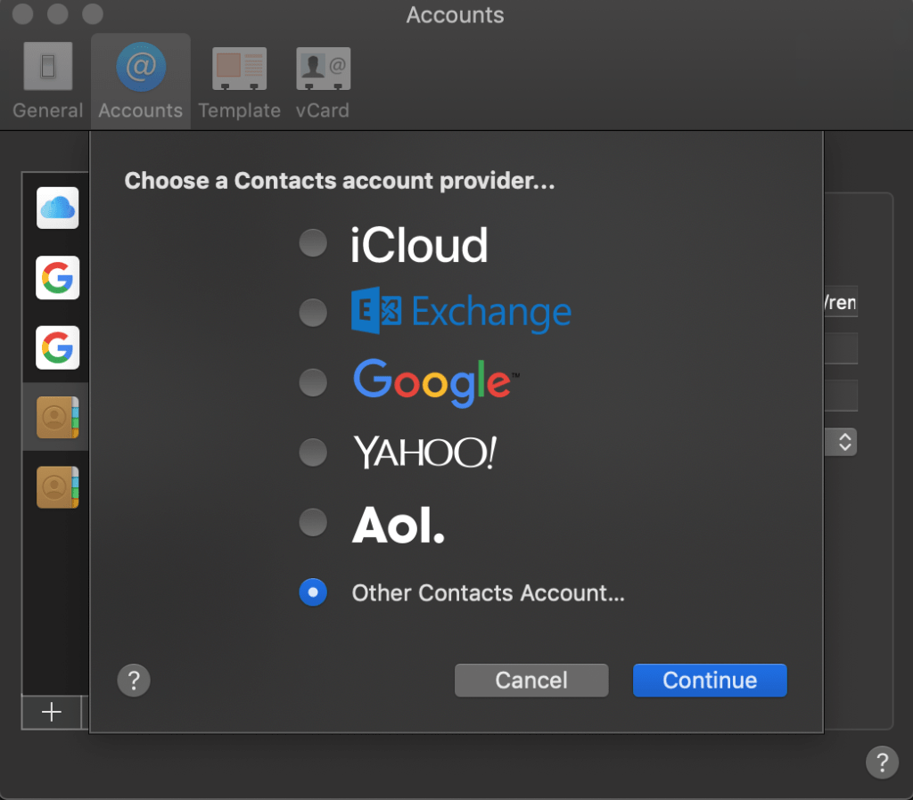 Contacts account su Mac