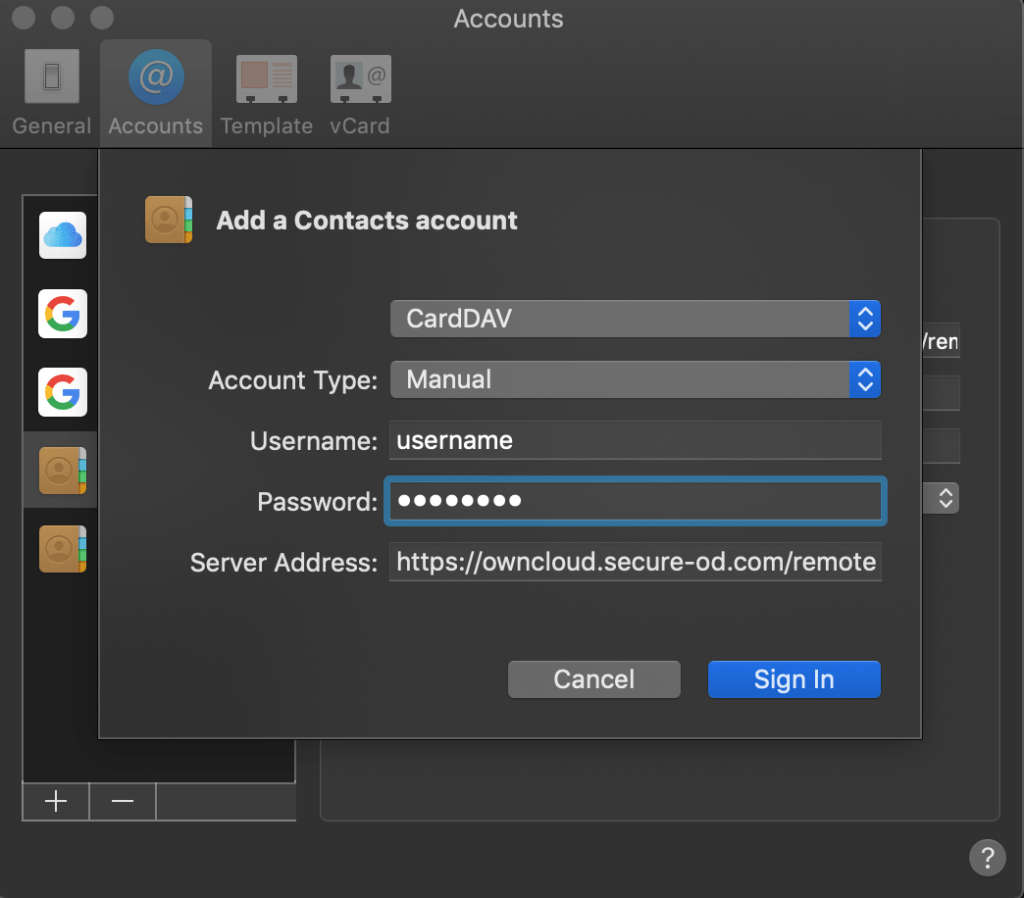 Contacts account settings su mac