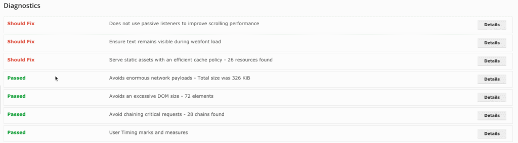 Page Speed Insight Diagnostics