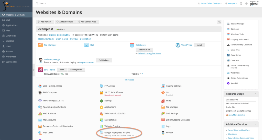 Page Speed Insight Pannello