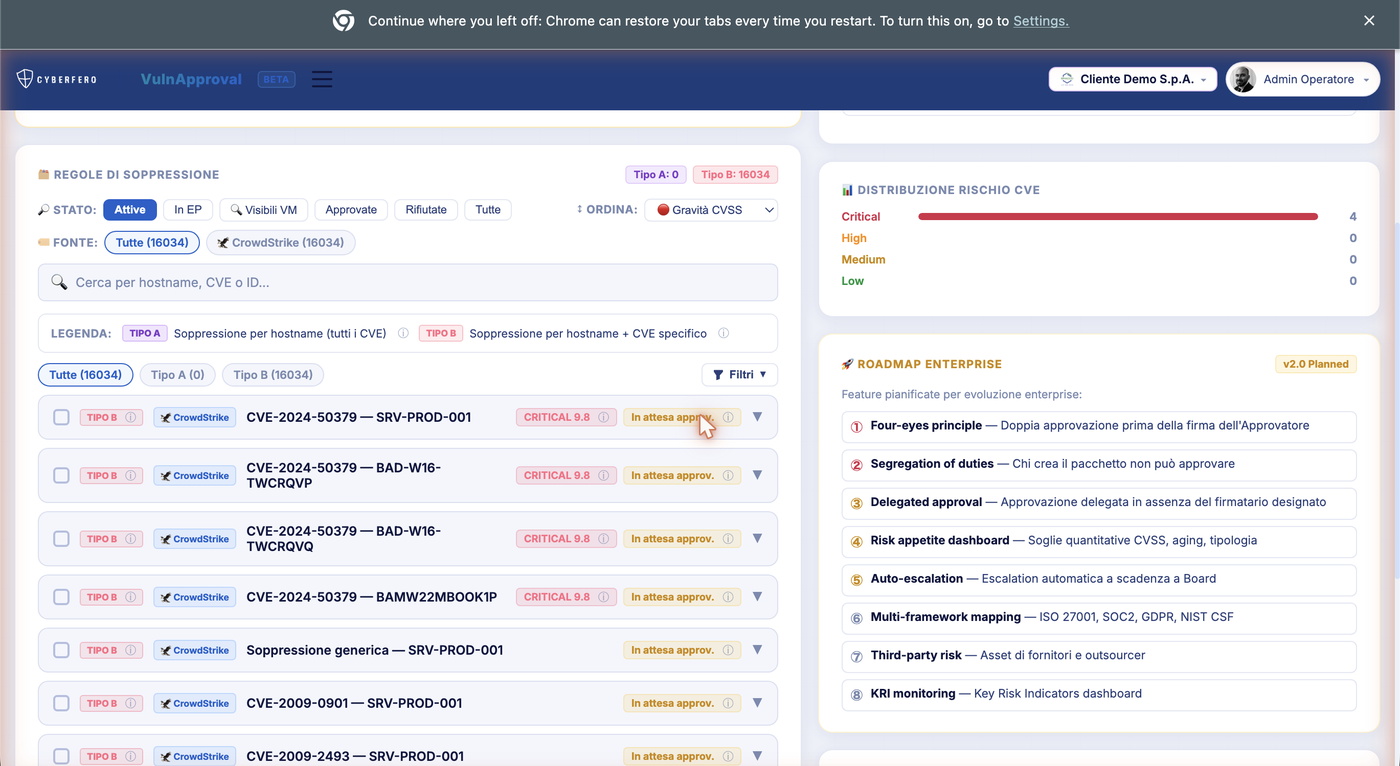 Lista regole di soppressione vulnerabilità con filtri