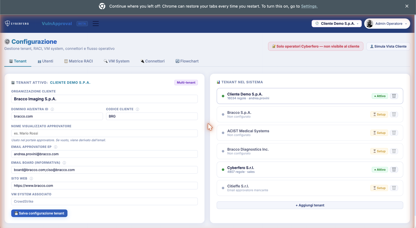 Pannello configurazione connettori e tenant