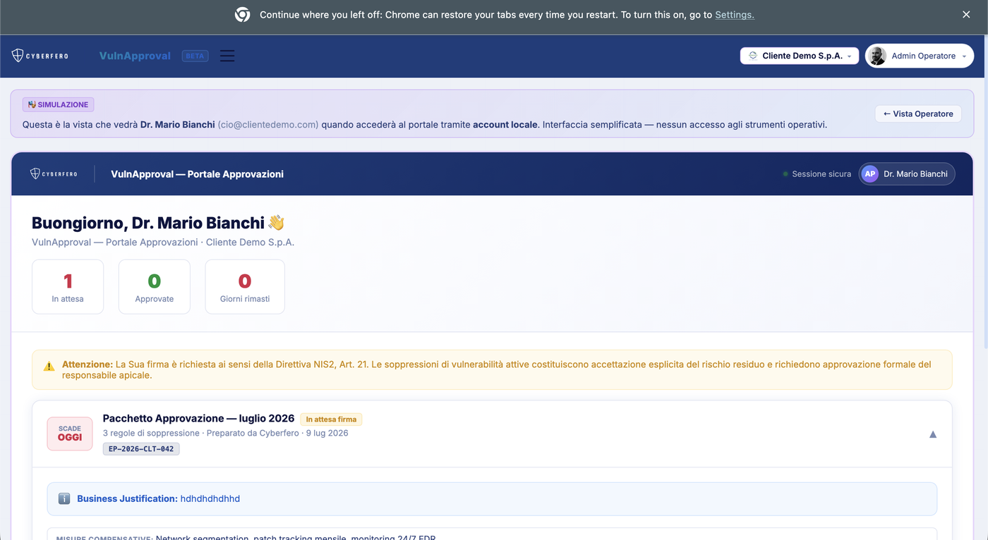 Portale approvazione CIO con pacchetti in attesa di firma