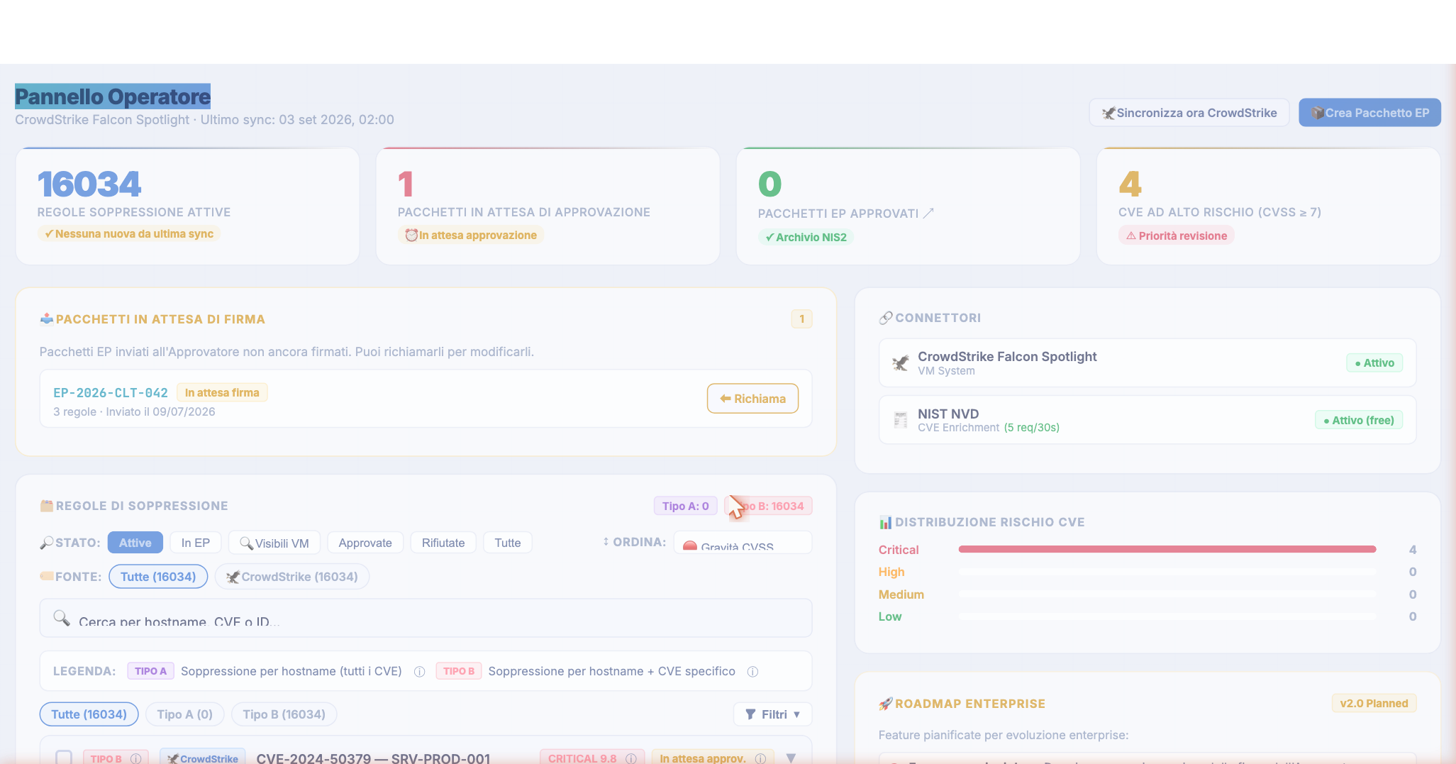VulnApproval pannello operatore con lista soppressioni attive